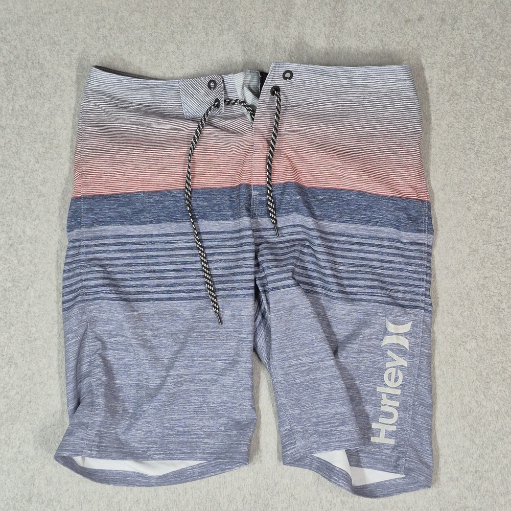 Hurley Men Swimwear 30 Blue Boardshorts Striped Logo Spellout Activewear